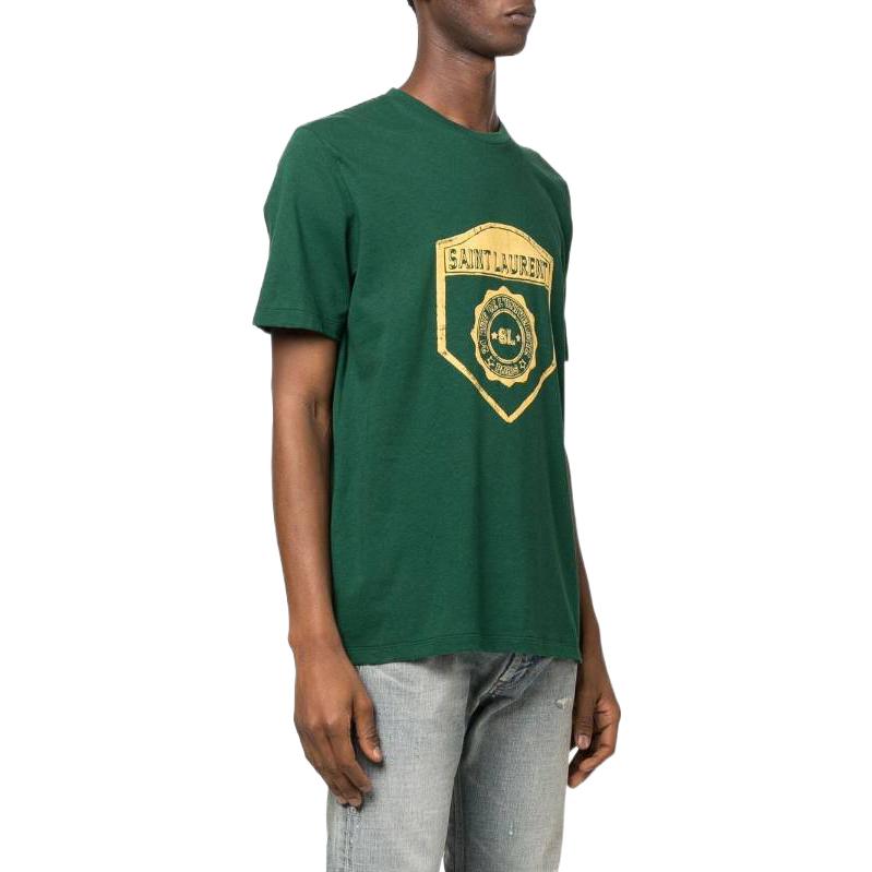 Purchase SAINT LAURENT FW22 Green Badge Print Crewneck Short Sleeve T-Shirt Men 686609Y36RO3842
