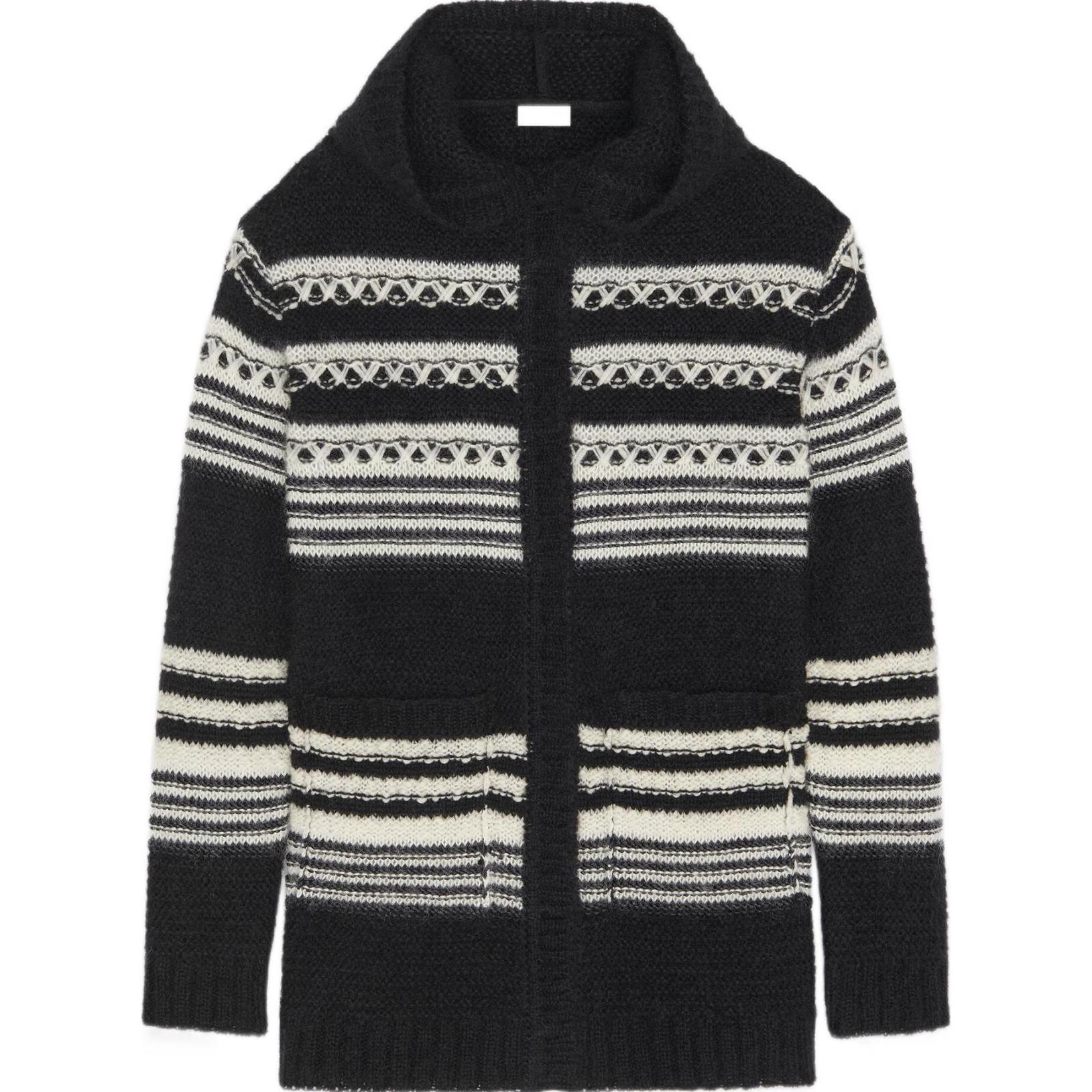 SAINT LAURENT FW22 Striped Ribbed Cuff Knit Hoodie Sweater  Black 689942Y75KW1095