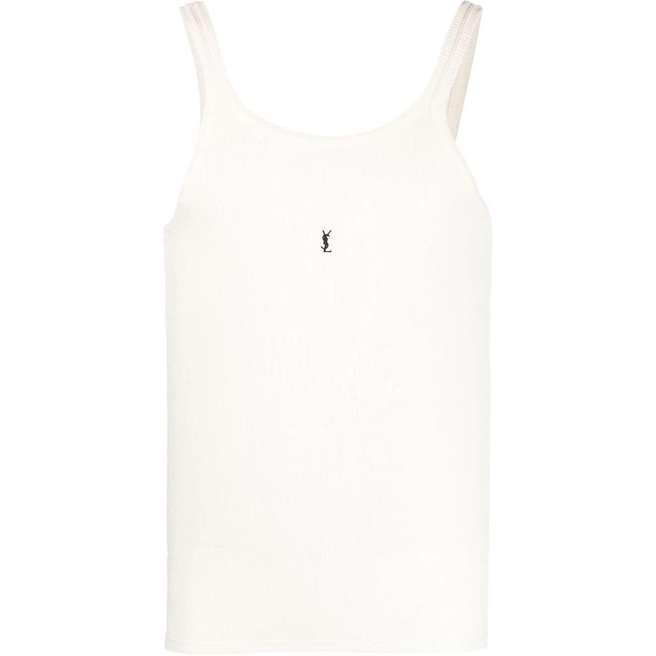 SAINT LAURENT FW23  White Ribbed Sleeveless Tank with Logo Embroidery. 761275Y37EC9744