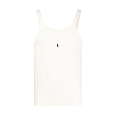 SAINT LAURENT FW23 White Ribbed Sleeveless Tank with Logo Embroidery. 761275Y37EC9744