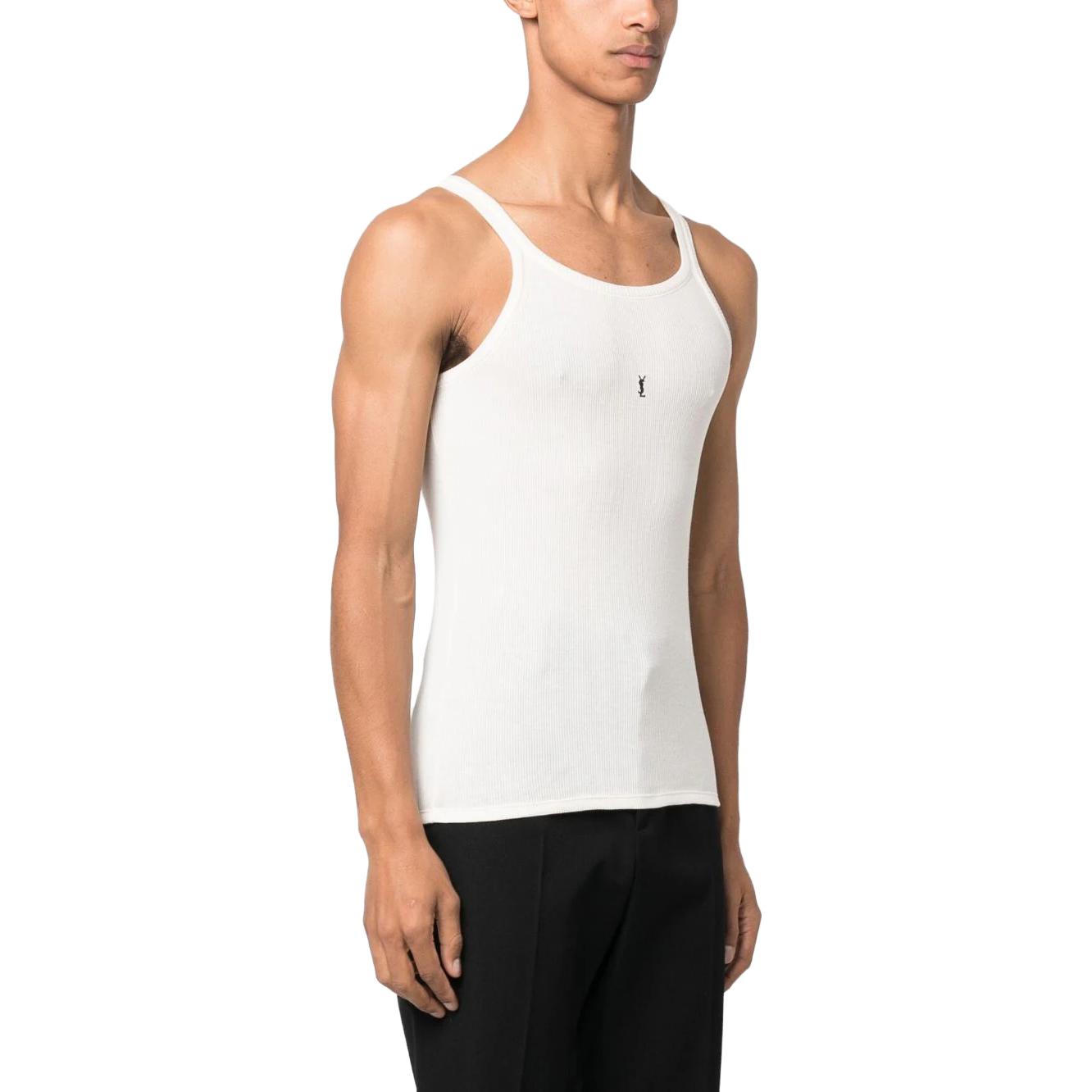 Purchase サンローラン FW23 ホワイト リブ付きロゴ刺繍スリーブレスタンクトップ 761275Y37EC9744