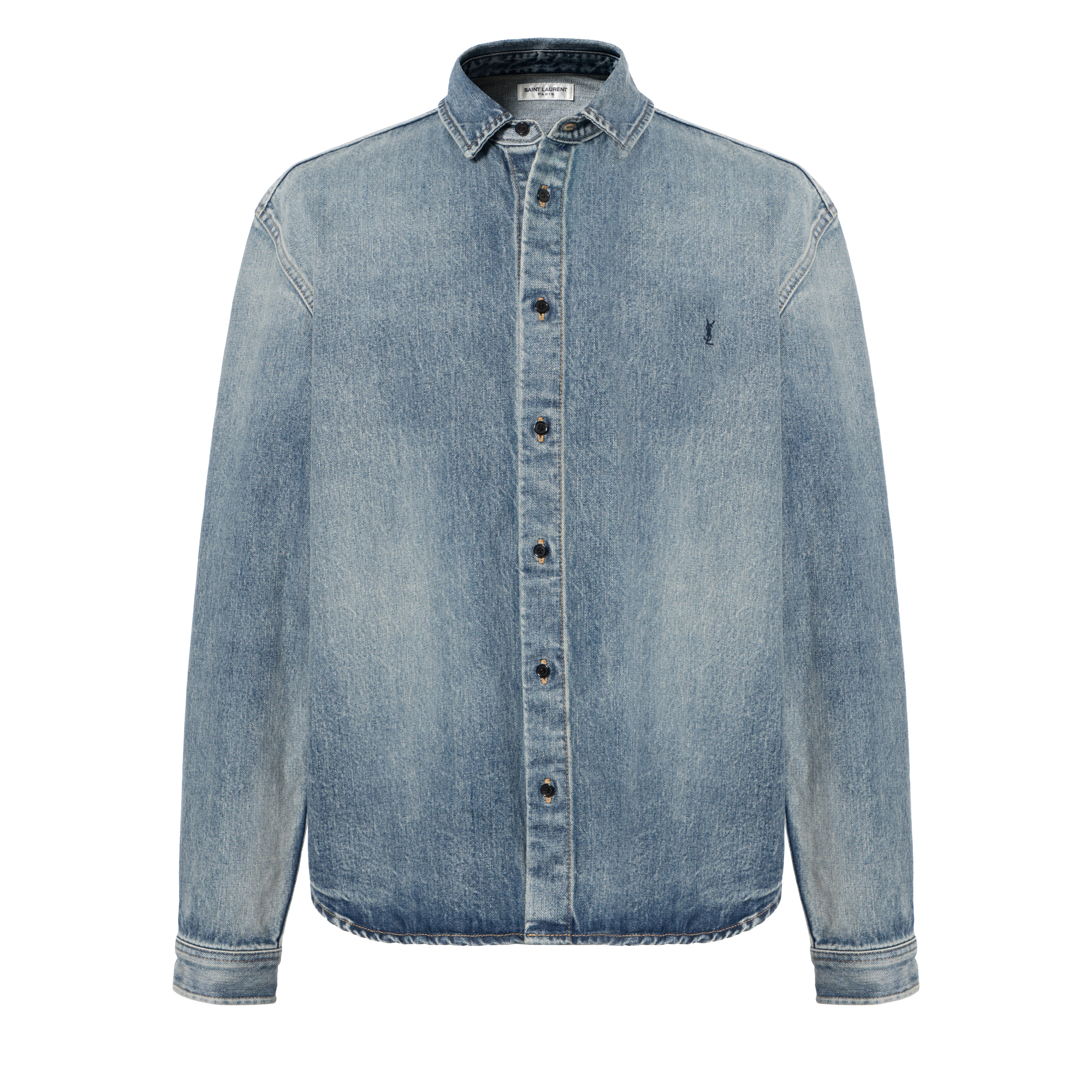 SAINT LAURENT FW23 Embroidered Logo Denim Shirt Men’s Blue Long Sleeve 753029Y07JA5018