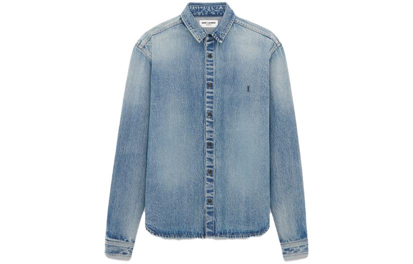 Order SAINT LAURENT FW23 Embroidered Logo Denim Shirt Men’s Blue Long Sleeve 753029Y07JA5018