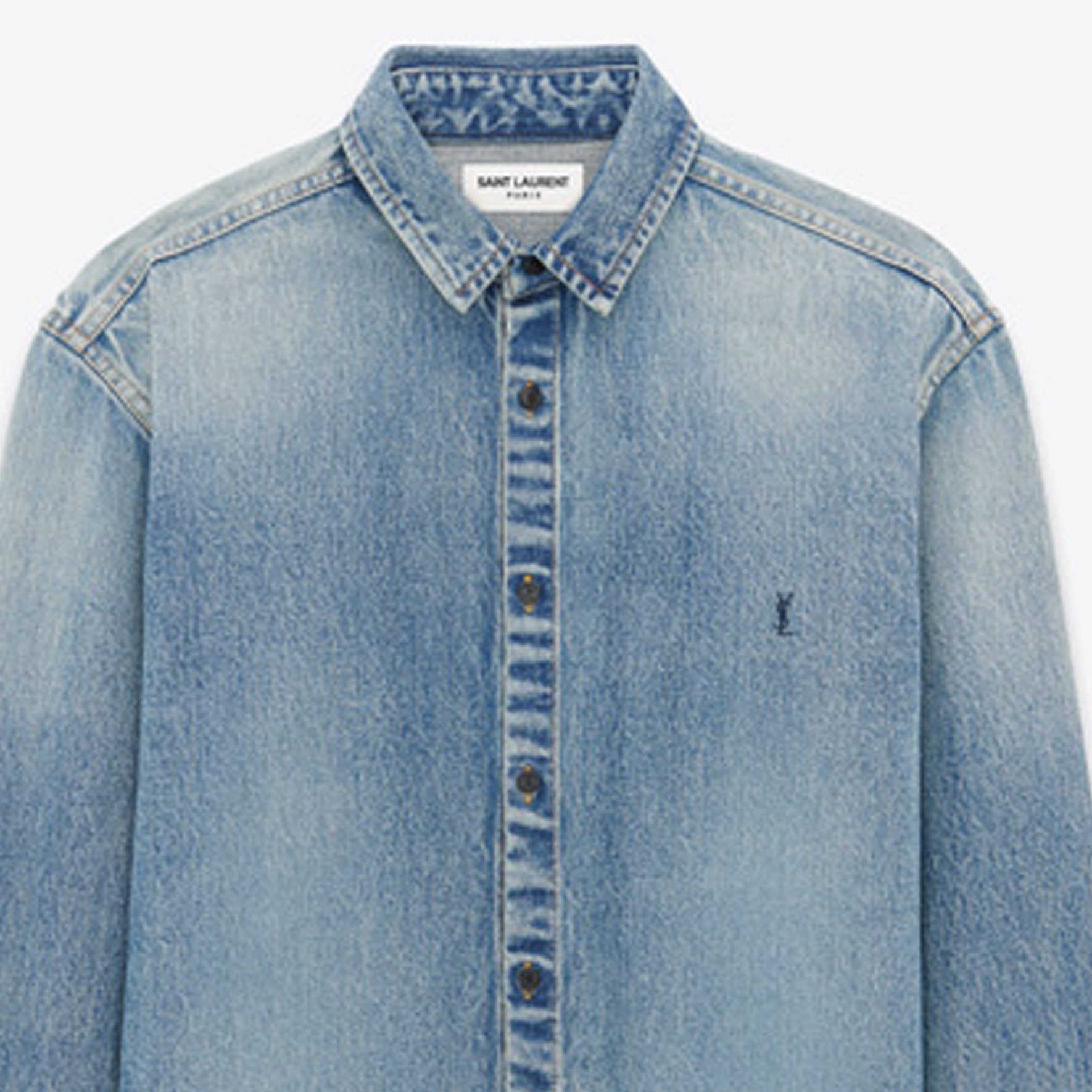 Purchase SAINT LAURENT FW23 Embroidered Logo Denim Shirt Men’s Blue Long Sleeve 753029Y07JA5018