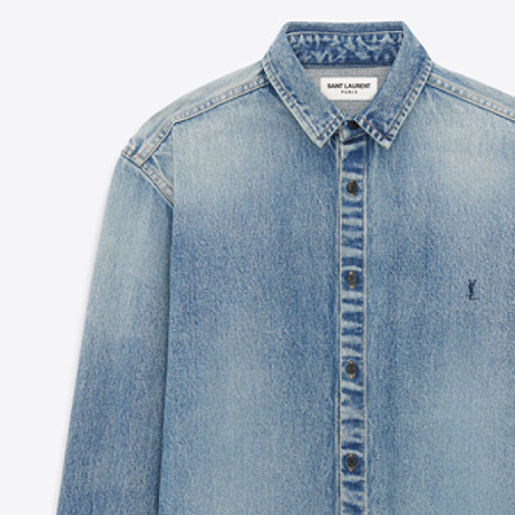 Details for SAINT LAURENT FW23 Embroidered Logo Denim Shirt Men’s Blue Long Sleeve 753029Y07JA5018