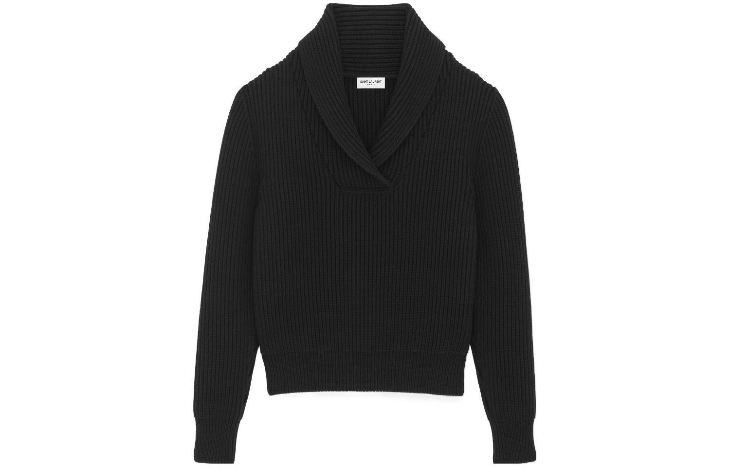 Order SAINT LAURENT FW23 Solid Ribbed Knit Shawl Collar Sweater Men’s Black 750969Y76ER1000