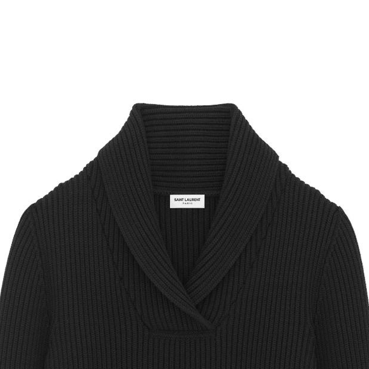 Shop SAINT LAURENT FW23 Solid Ribbed Knit Shawl Collar Sweater Men’s Black 750969Y76ER1000