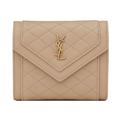 Saint Laurent Gaby Compact Tri-Fold Wallet In Quilted Lambskin Dark Beige