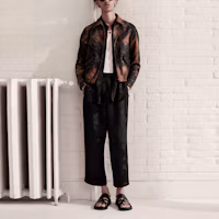 Shop SAINT LAURENT 叢林棕櫚圖案拉鍊絲緞外套 烟草棕 637524Y1C264068