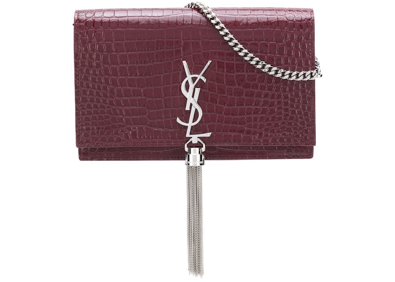 Saint Laurent Kate Tassel Crossbody Crocodile Embossed Burgundy