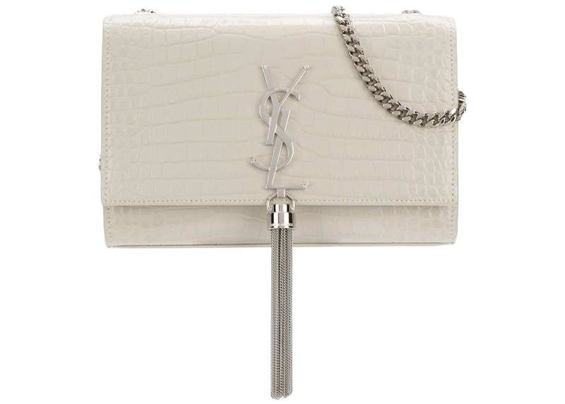 Saint Laurent Kate Tassel Crossbody Crocodile Embossed White