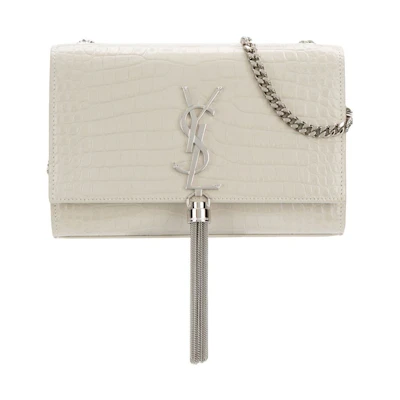 Saint Laurent Kate Tassel Crossbody Crocodile Embossed White