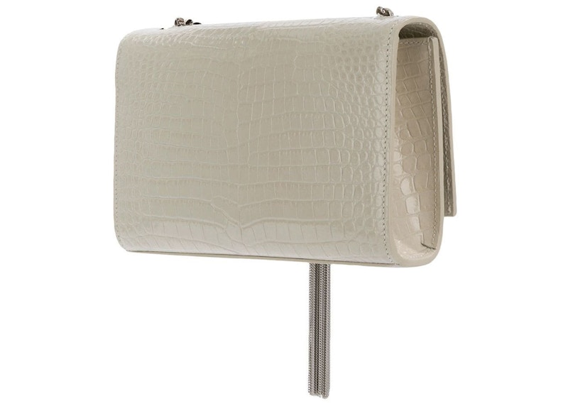 Order Saint Laurent Kate Tas Selempang Berumbai Krokodil Timbul Putih