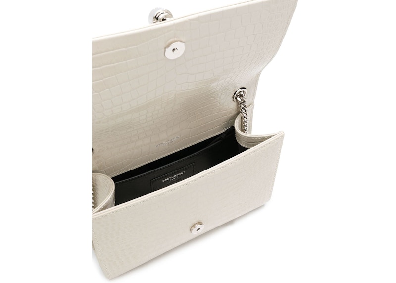 Lookbook Saint Laurent Kate Tas Selempang Berumbai Krokodil Timbul Putih