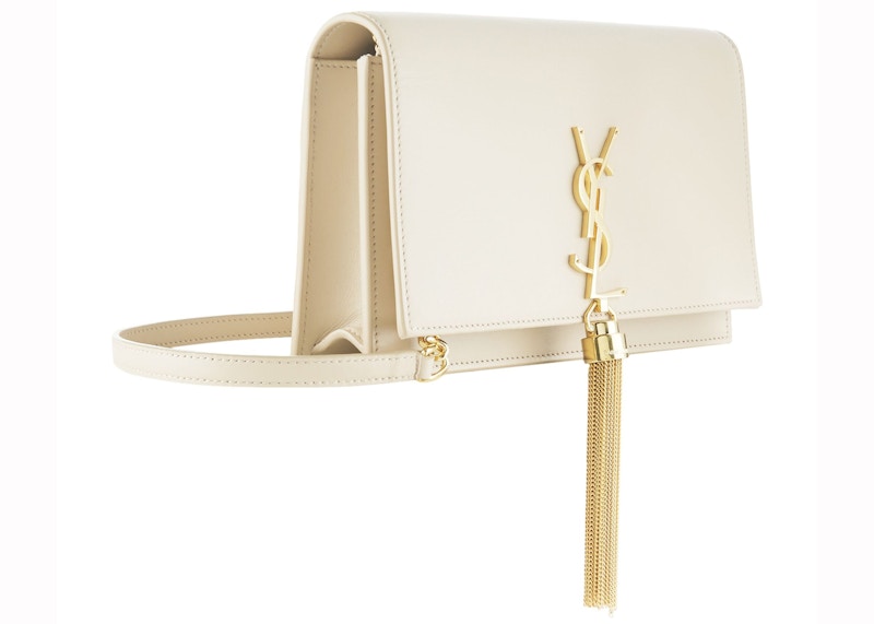 Order Saint Laurent Kate Pequeño en Cuero Liso con Borlas Blanco Roto