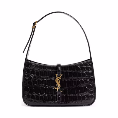 Saint Laurent Le 5 A 7 Croc Embossed Leather Hobo Black