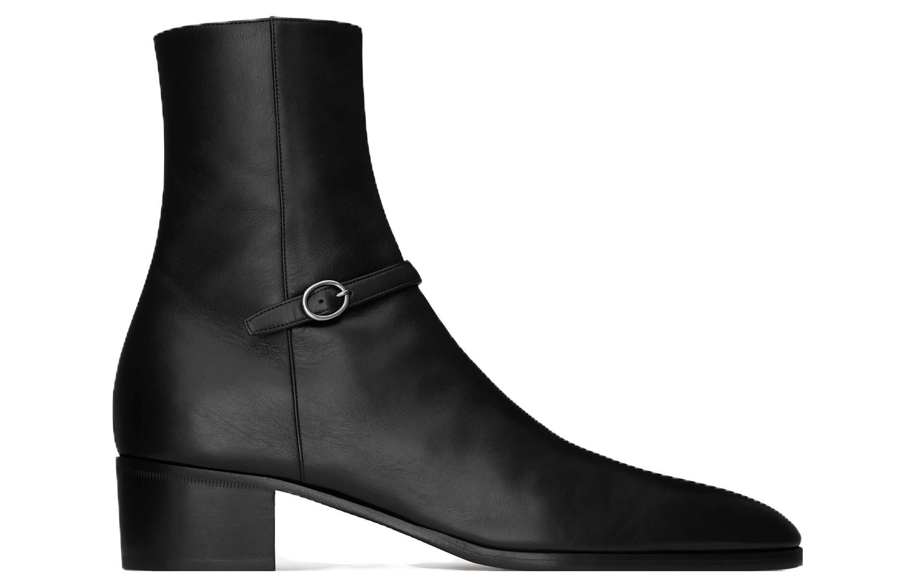 Order 聖羅蘭 皮革 圓頭搭扣 短靴 4.5公分 男款 黑色