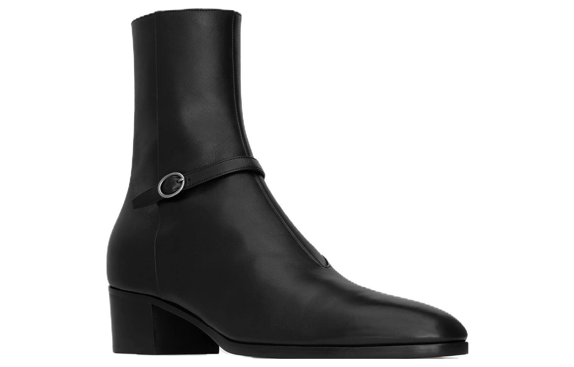 Lookbook 聖羅蘭 皮革 圓頭搭扣 短靴 4.5公分 男款 黑色