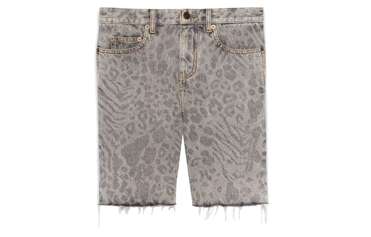 Saint Laurent Leopard Print Frayed Denim Shorts Grey 638547Y823E7401