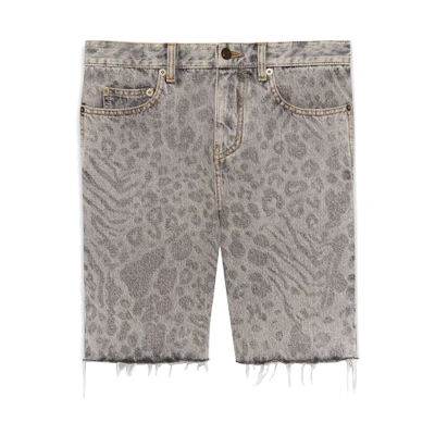 Saint Laurent Leopard Print Frayed Denim Shorts Grey 638547Y823E7401