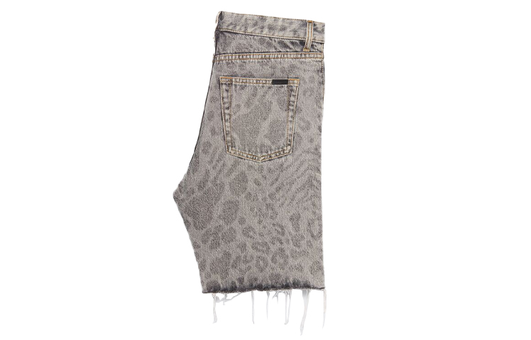 Lookbook Saint Laurent Leopard Print Frayed Denim Shorts Grey 638547Y823E7401