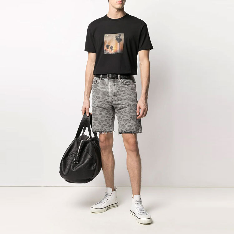 Shop Saint Laurent Leopard Print Frayed Denim Shorts Grey 638547Y823E7401