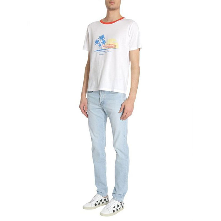 Shop SAINT LAURENT Kaos Putih Logo Print Crewneck Lengan Pendek Pria 500640YB2MY8486