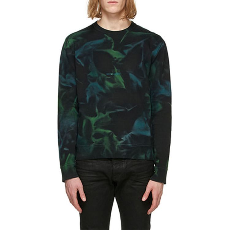 Shop SAINT LAURENT Logo Tie-Dye Crewneck Lengan Panjang Sweatshirt Hijau 652506Y36CZ1164
