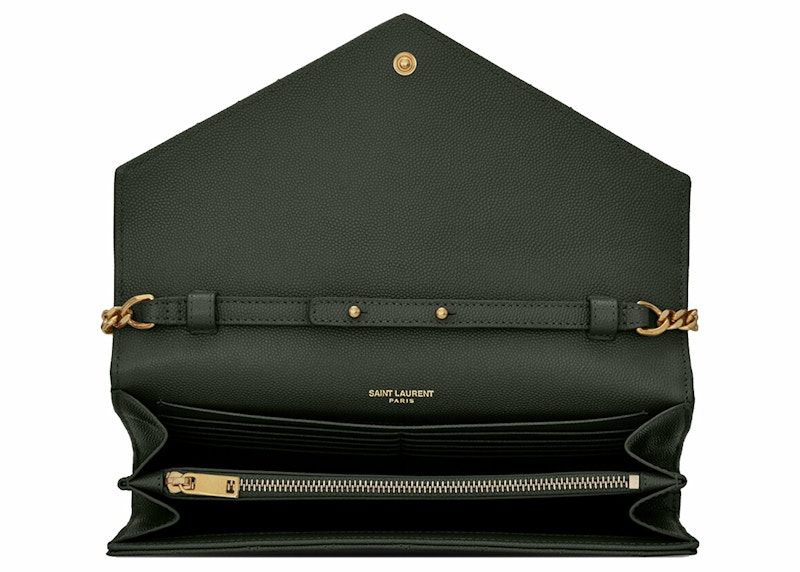 Lookbook Cartera de Cadena Saint Laurent Monogram Grain De Poudre Verde Oscuro