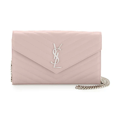 Saint Laurent Monogram Chain Wallet Matelasse Grain de Poudre Pink