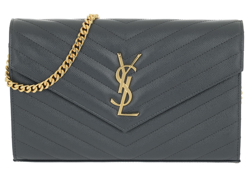 Saint Laurent Monogram Chain Wallet Matelasse Grain de Poudre Smog Grey
