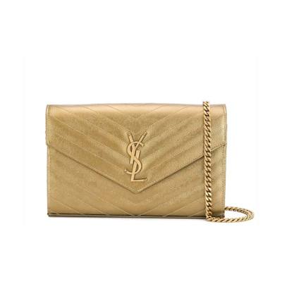 Saint Laurent Monogram Chain Wallet Matelasse Grain de Poudre Brome