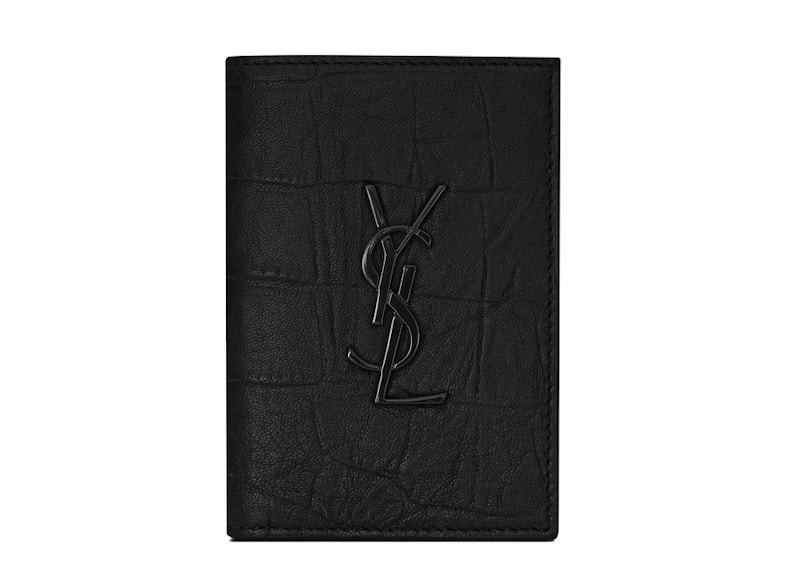 Saint Laurent Monogram Credit Card Wallet Crocodile Embossed Leather Black