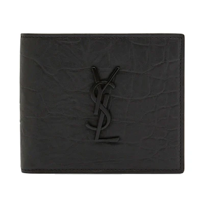 Saint Laurent Monogram Croc-Embossed Leather Bi-Fold Wallet Black