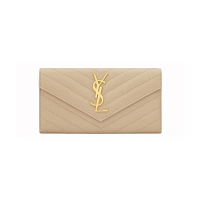 Saint Laurent Monogram Flap Wallet Matelasse Grain de Poudre Large Powder