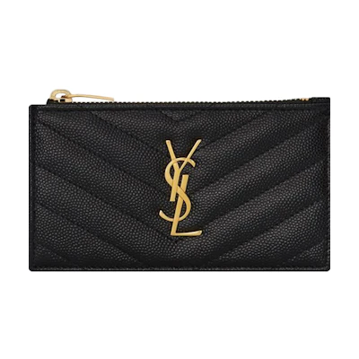 Saint Laurent Monogram Fragments Zippered Card Case Grain De Poudre Black