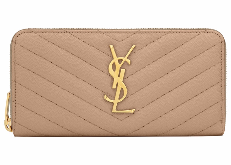 Saint Laurent Monogram Zip Around Wallet Grain De Poudre Dark Beige