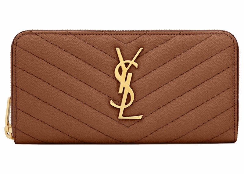 Saint Laurent Monogram Zip Around Wallet Grain De Poudre Dark Natural
