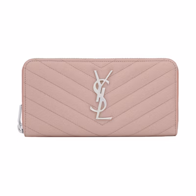 Saint Laurent Monogram Zip Around Wallet Matelasse Grain de Poudre Pale Blush