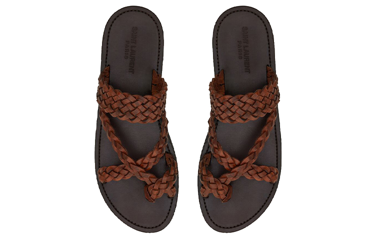 Shop Saint Laurent Neli 'Chestnut Woven Leather Slide' 6507270mu009808