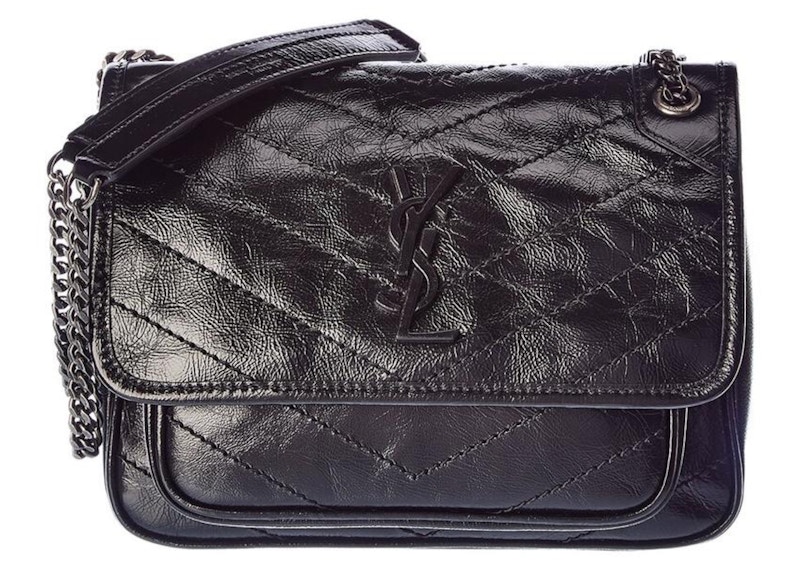 Saint Laurent Niki Baby Crinkled Leather Shoulder Bag Black
