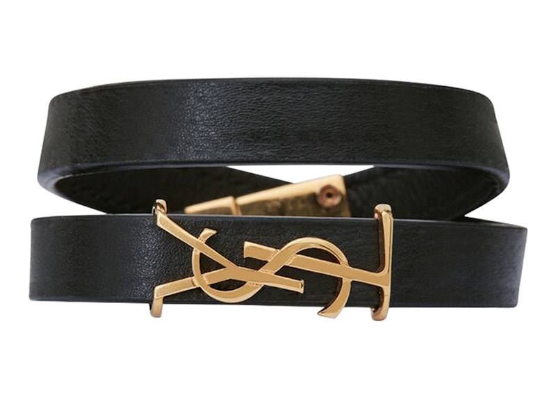 Saint Laurent Opyum Double Wrap Bracelet In Leather And Metal Black/Gold-tone