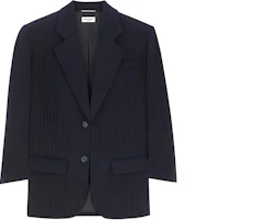Saint Laurent Oversized Striped Wool Jacket Navy Long-Sleeve Coat 782776Y5H334127 Saint Laurent Oversized Striped Wool Jacket Navy Long-Sleeve Coat 782776Y5H334127