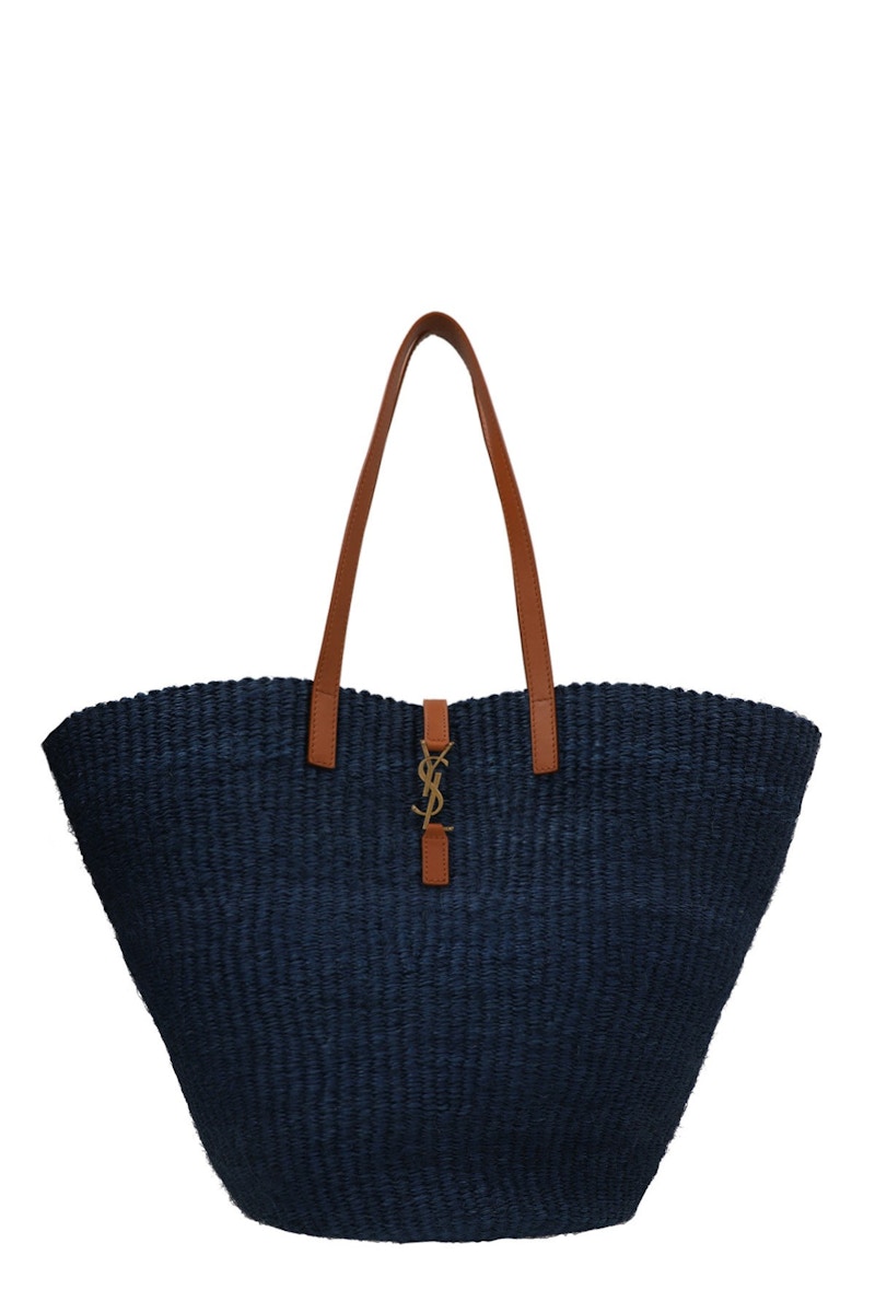 Saint Laurent Panier Sou Tote Bag Braided Raffia Dark Blue