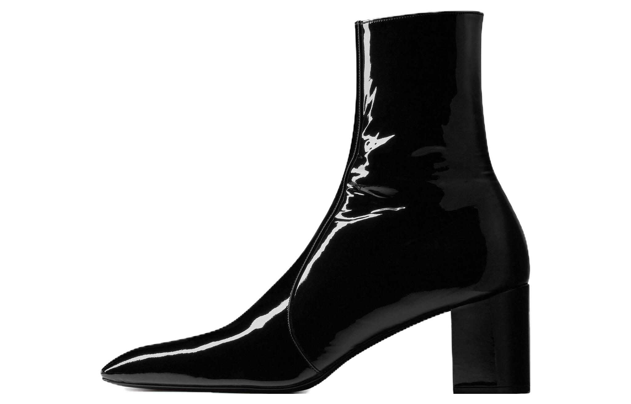 Saint Laurent Patent Leather Zip Round-Toe High Heel Ankle Boots 'Black' 75609107RAA1000
