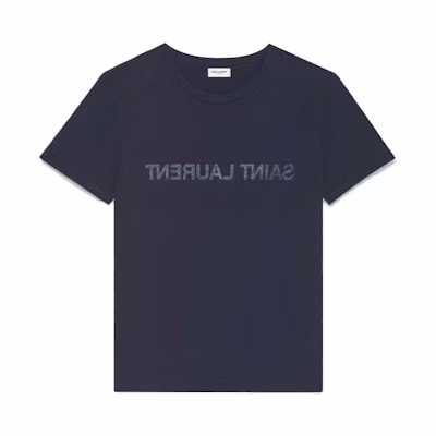 SAINT LAURENT Reversed Logo Crew Neck Navy T-Shirt for Men. 663278Y36HE4145