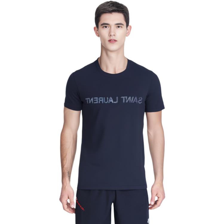 Shop 생로랑 리버스 로고 네이비 크루넥 티셔츠 남성용. 663278Y36HE4145