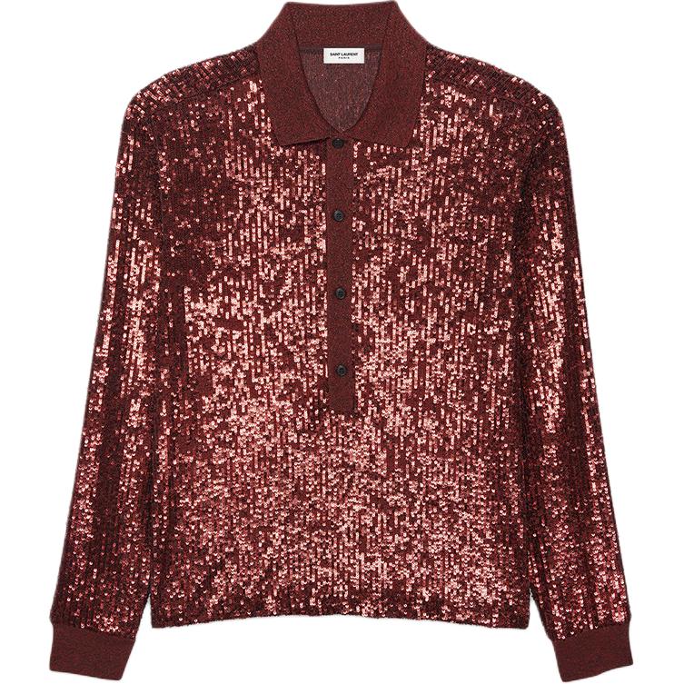SAINT LAURENT Sequin Embroidered Long Sleeve Red Polo Shirt Men 686534Y36OD6420