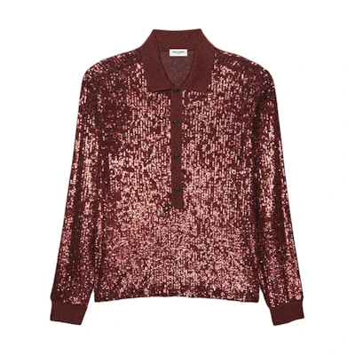 SAINT LAURENT Sequin Embroidered Long Sleeve Red Polo Shirt Men 686534Y36OD6420