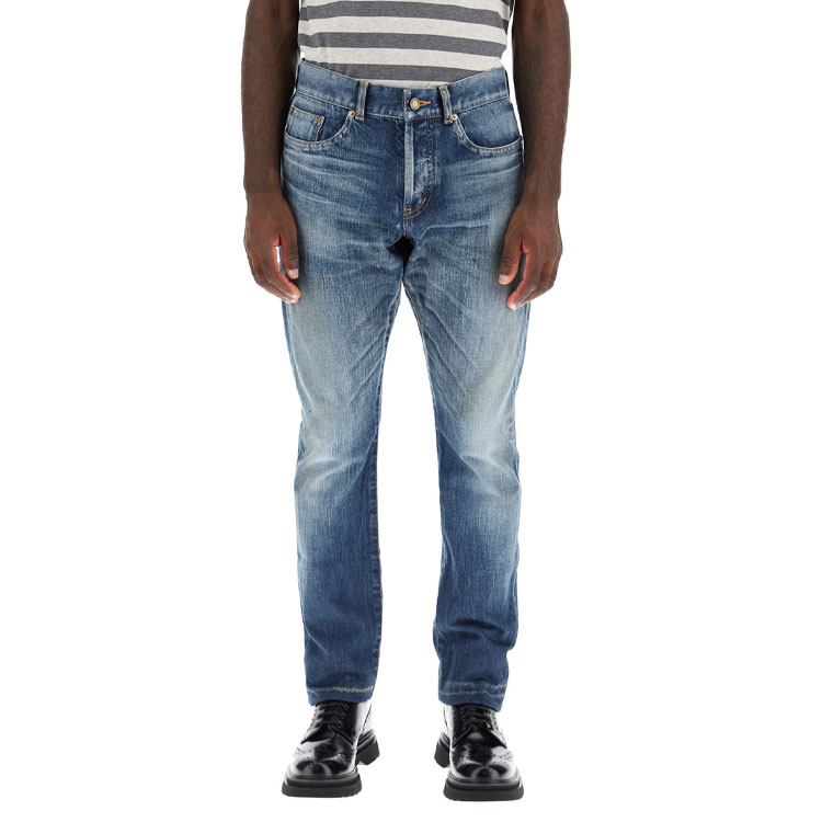 Shop SAINT LAURENT Slim Fit Mid-Rise 5-Pocket Jeans Blue 597052Y945Q4983